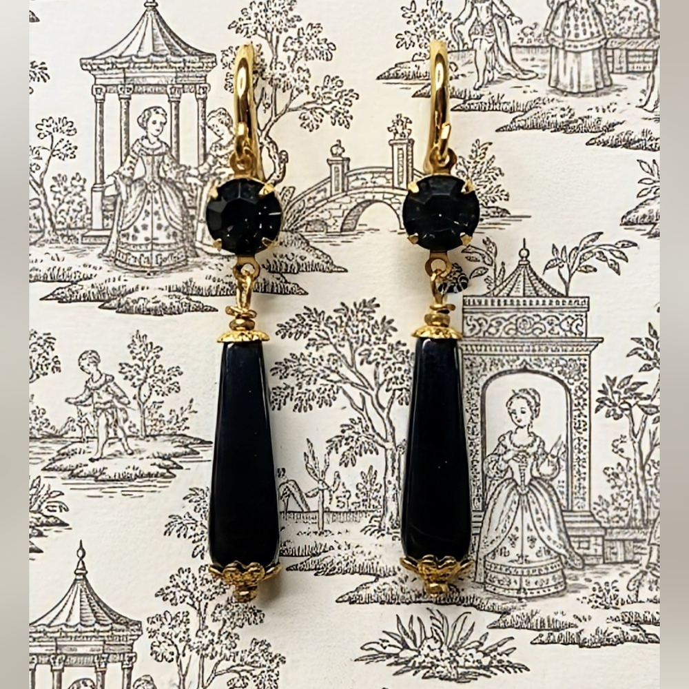 Victorian Black Hematite W/ Black Diamond Crystal In Gold Plated Long Earrings